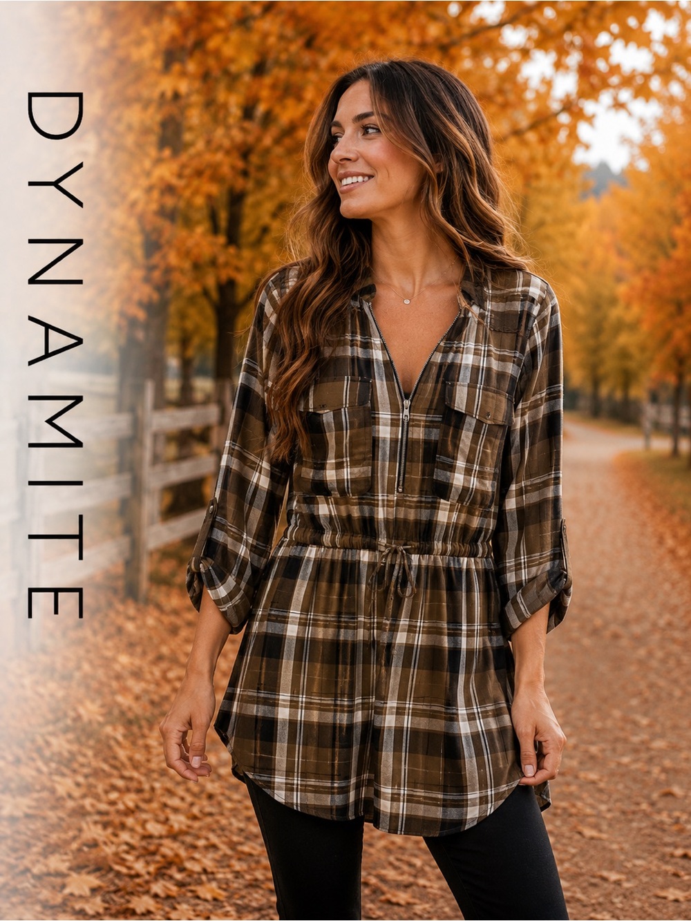 Dynamite Green, Black & White Plaid Drawstring Shirt Dress